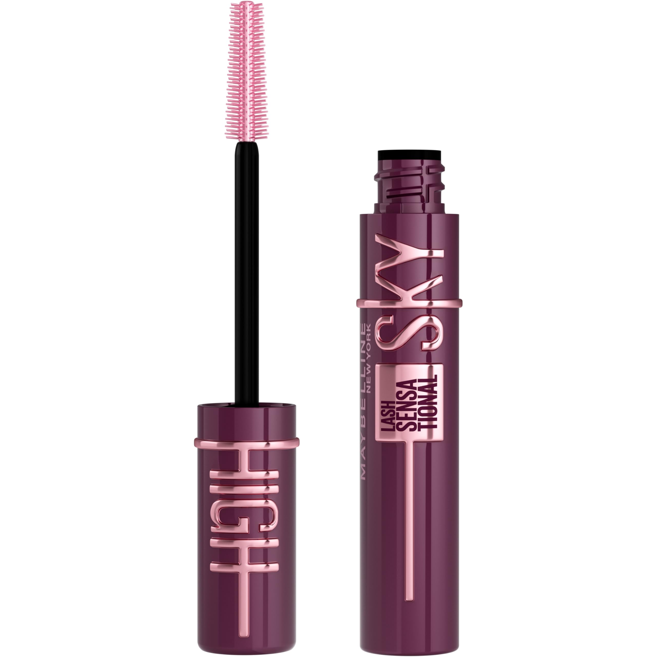 Maybelline Lash Sensational Sky High mascara showcasing wand with black, volumizing, lengthening, defining bristles on a white background