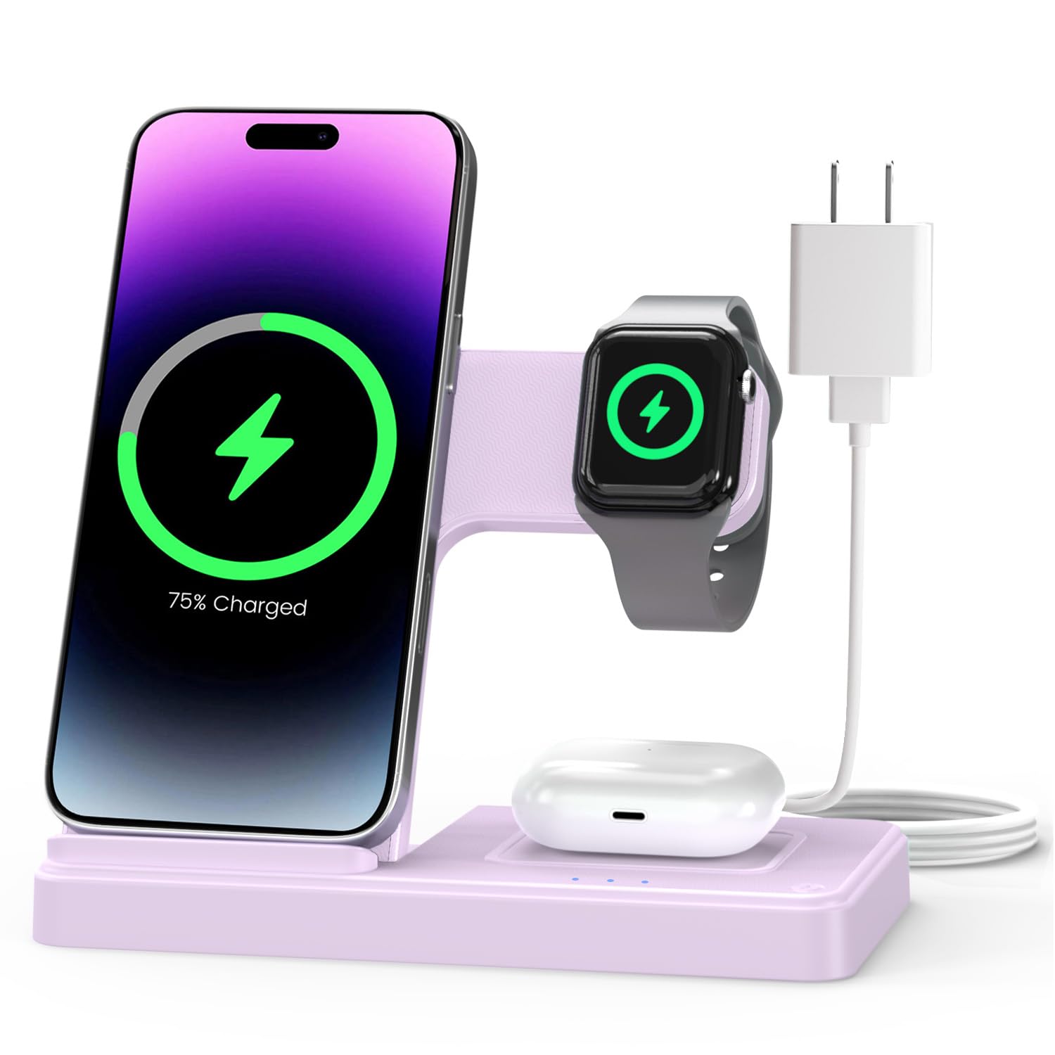 Old World Hub 3-in-1 wireless charger stand for iPhone, Apple Watch, and AirPods, featuring a sleek black design and multiple device slots.
