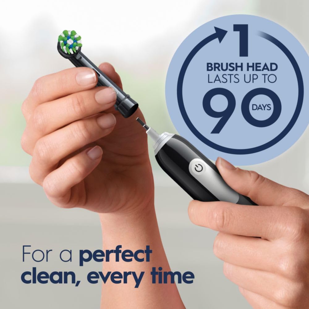 Black Oral-B Pro 1000 rechargeable electric toothbrush with brushing head and handle, designed for effective oral cleaning.