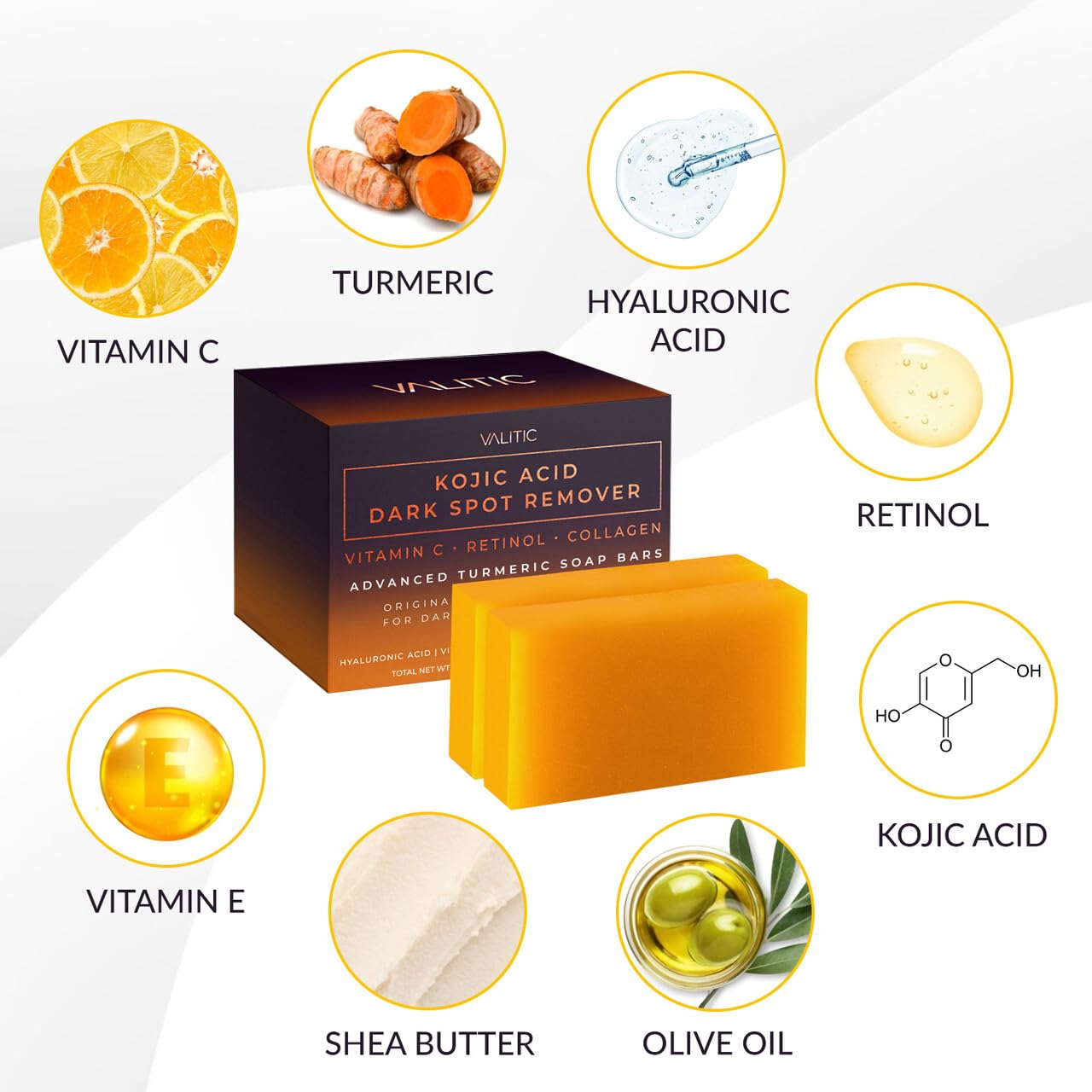 Old World Hub VALITIC Kojic Acid dark spot remover soap bars with Vitamin C, Retinol, Collagen, turmeric, hyaluronic acid, and shea butter.