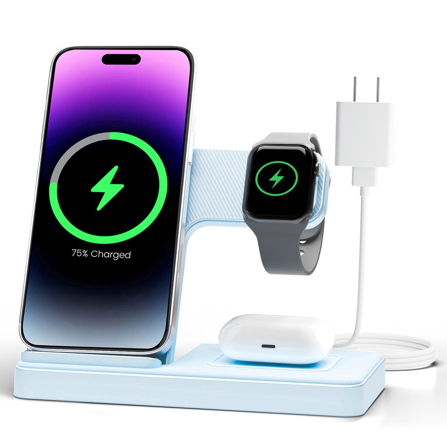 Old World Hub 3-in-1 wireless charger stand for iPhone, Apple Watch, and AirPods with multiple device slots in sleek design