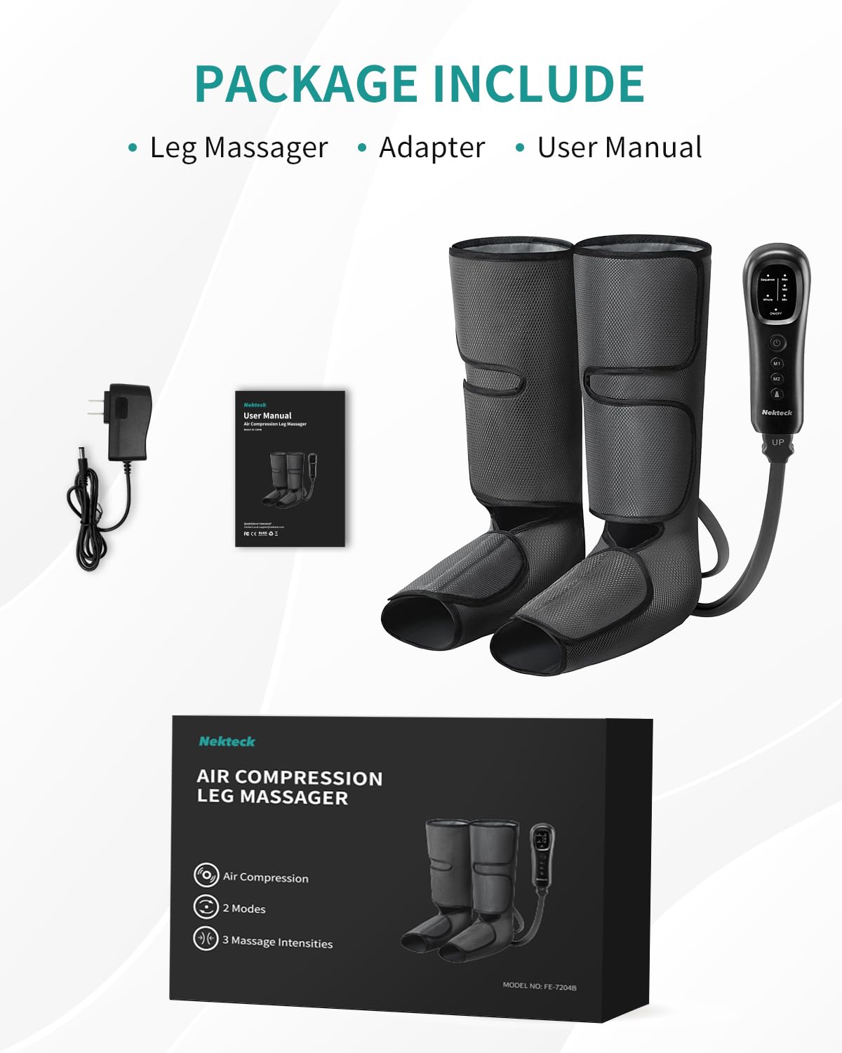Old World Hub Nekteck leg compression massager wrapping around calf and foot with hand-held controller and adjustable settings.