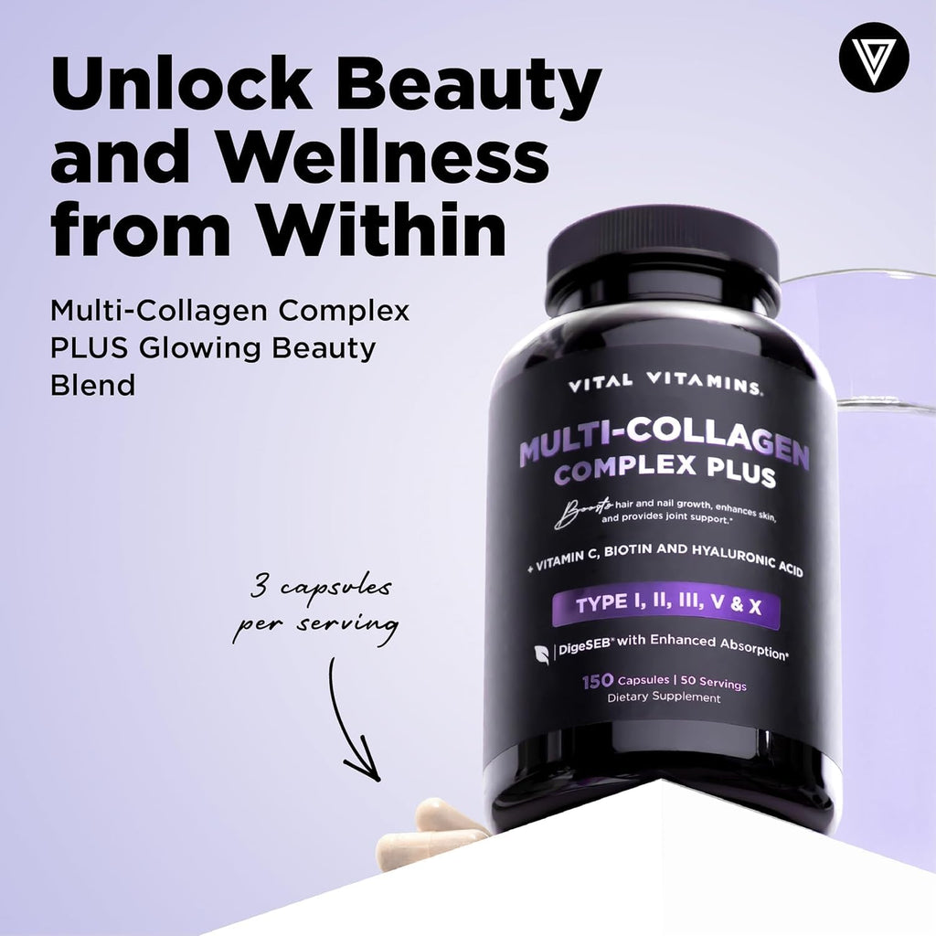 Old World Hub Vital Vitamins multi collagen capsules in a bottle, showing capsules for skin, joints, and hair support.