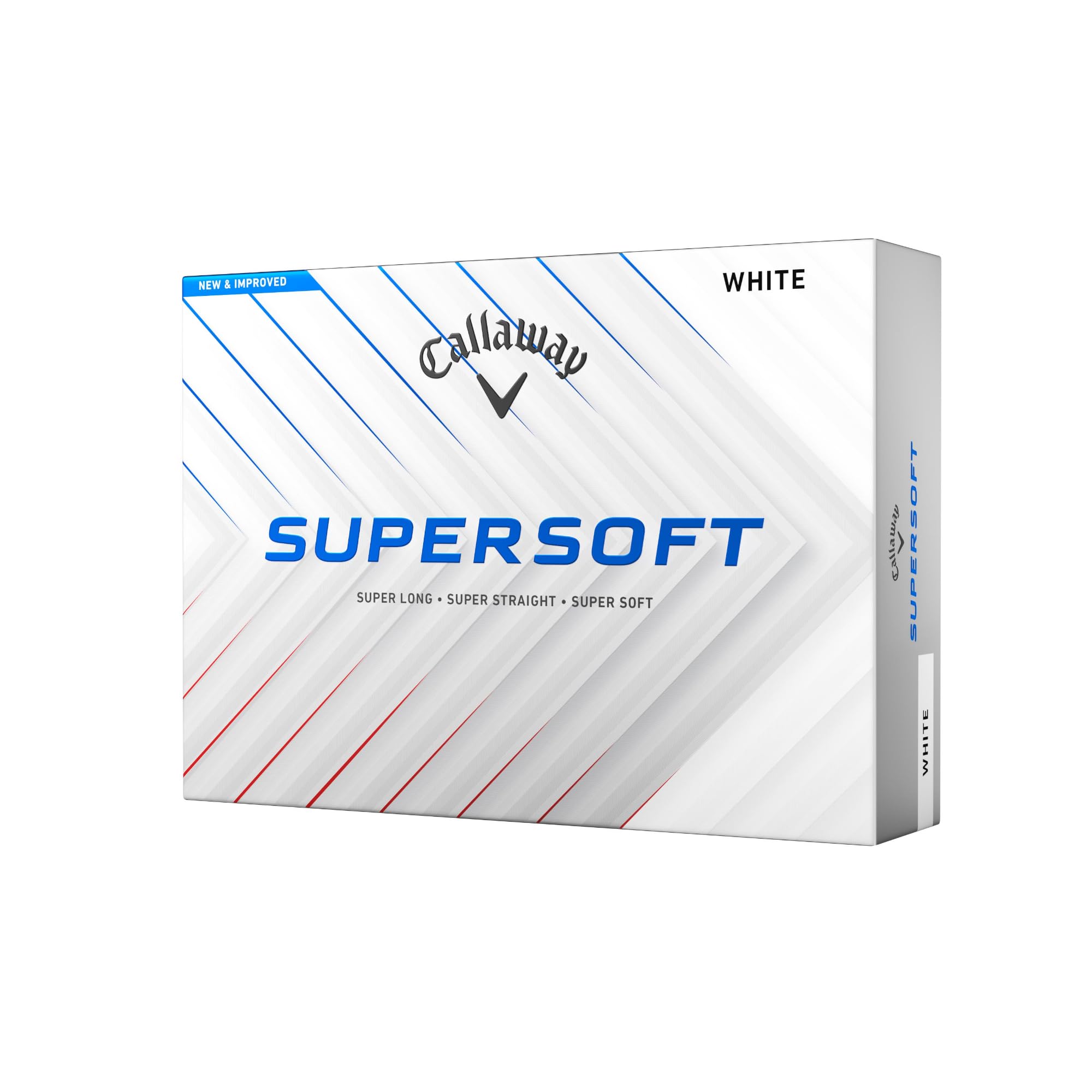 Close-up of Callaway Supersoft Golf Balls from 2025 with bright yellow and white design, showcasing the soft golf ball texture.