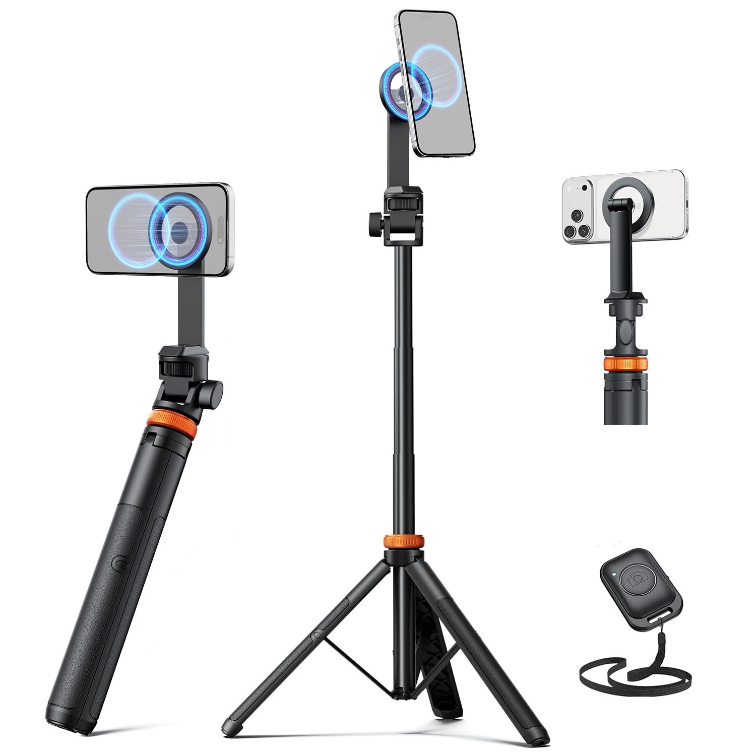 EUCOM 62-inch phone tripod with remote, extendable stand, compatible with iPhone and Android, sturdy selfie stick and phone holder