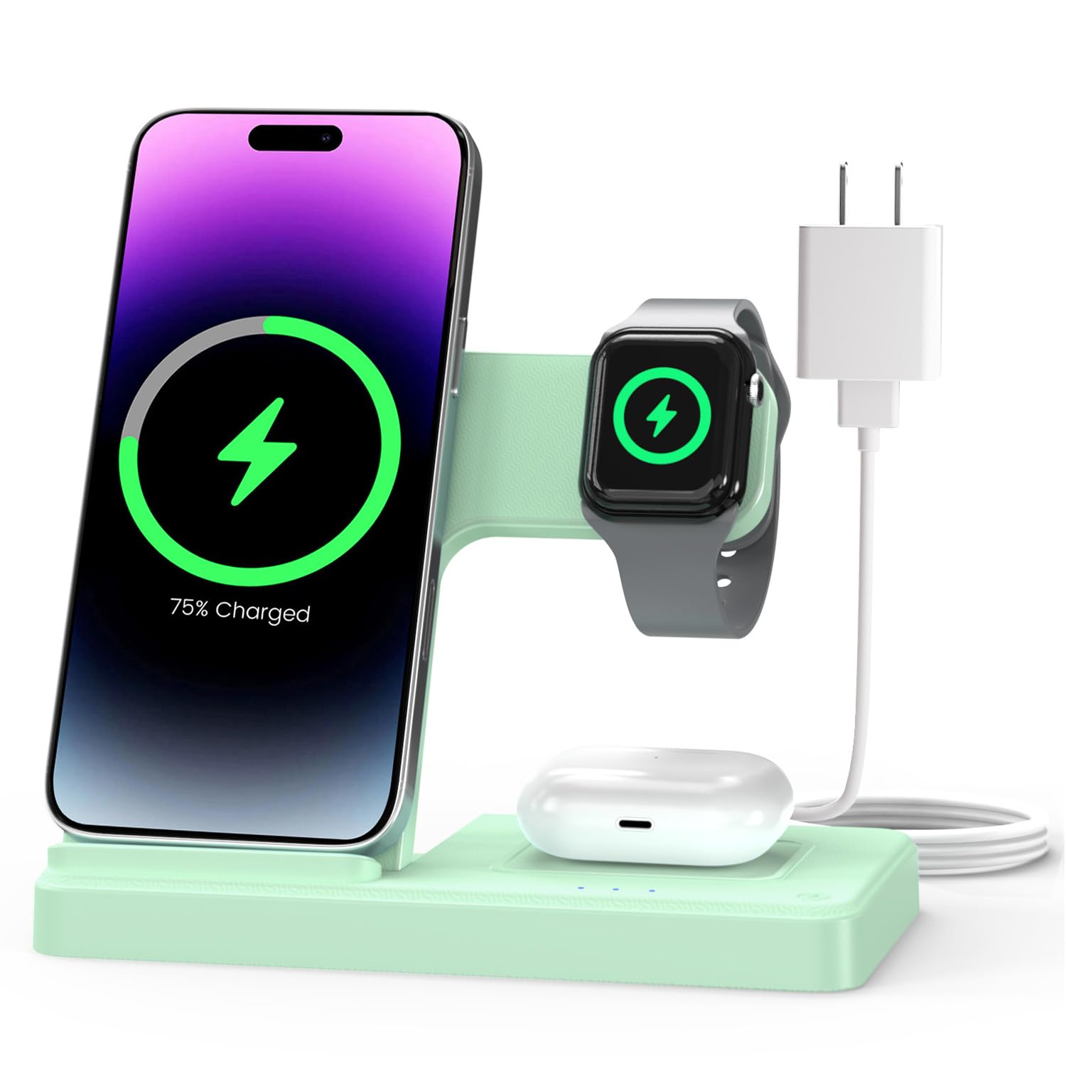 Old World Hub 3-in-1 wireless charger stand for iPhone, Apple Watch, and AirPods, with multiple device slots.