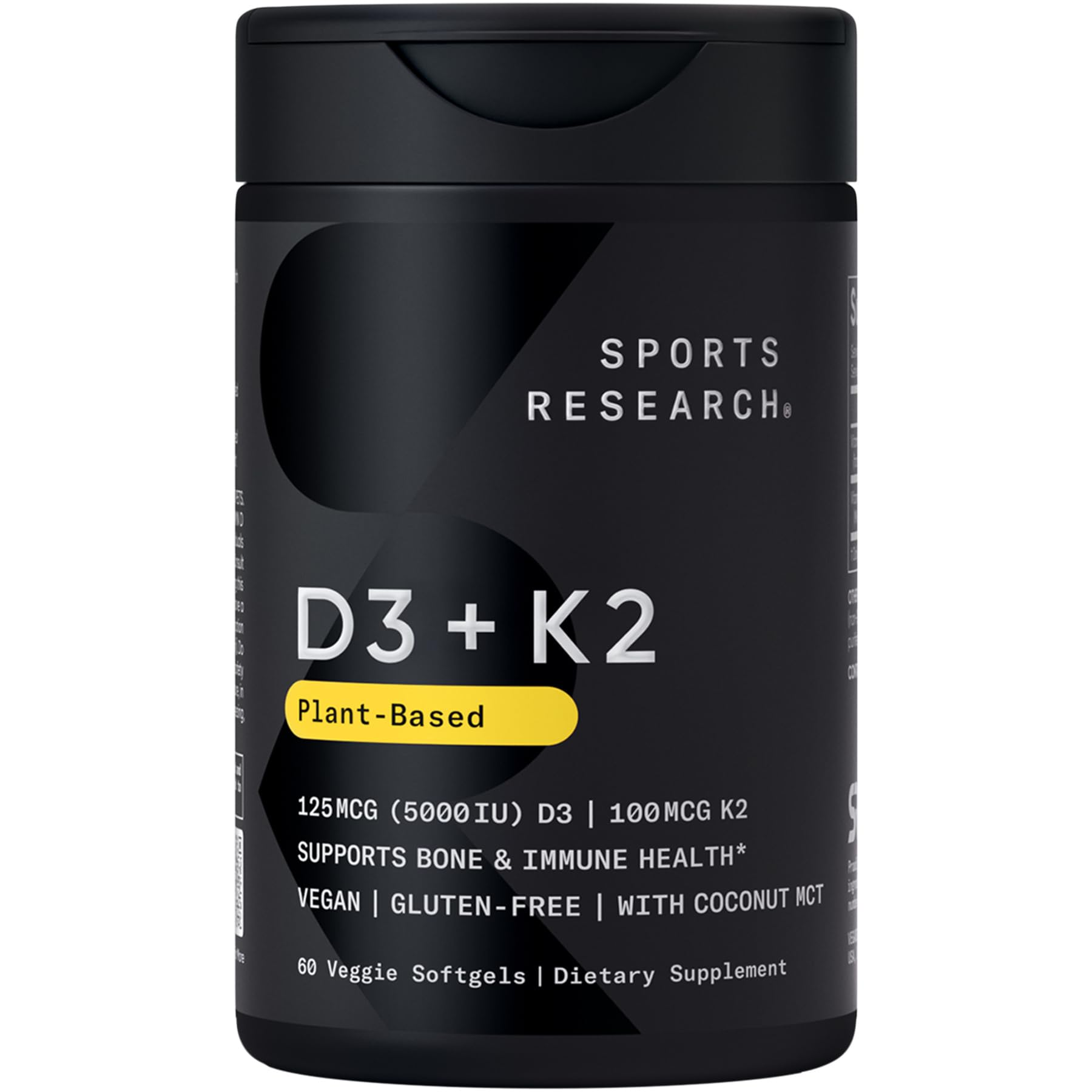 Sports Research Vitamin D3 + K2 vegan softgels with coconut oil, supporting bone and immune health, non-GMO, soy free, 60 count