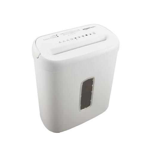 Amazon Basics 8-sheet high security cross cut paper and credit card shredder in black with auto shut-off and P-4 security level.