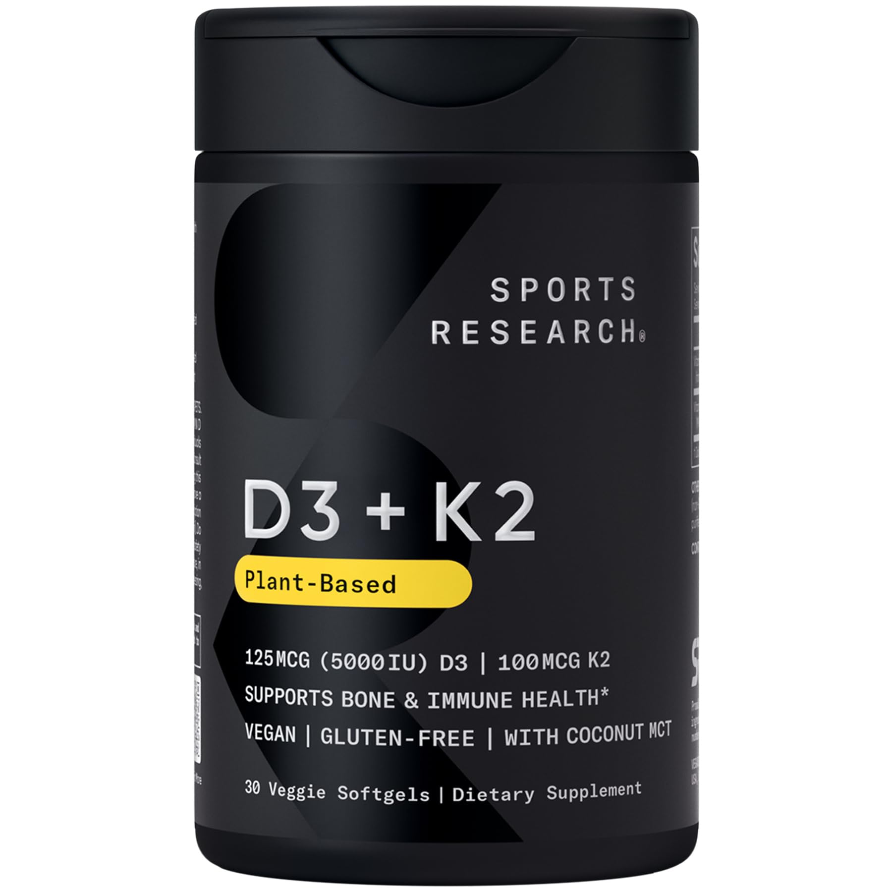 Vegan Sports Research Vitamin D3 5000iu and K2 100mcg softgels with coconut oil for bone and immune support.