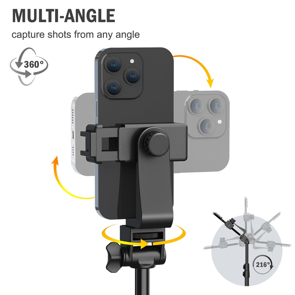 Old World Hub Store Liphisy 64-inch tripod with phone holder, remote, adjustable height, and multi-angle legs for stable video recording.