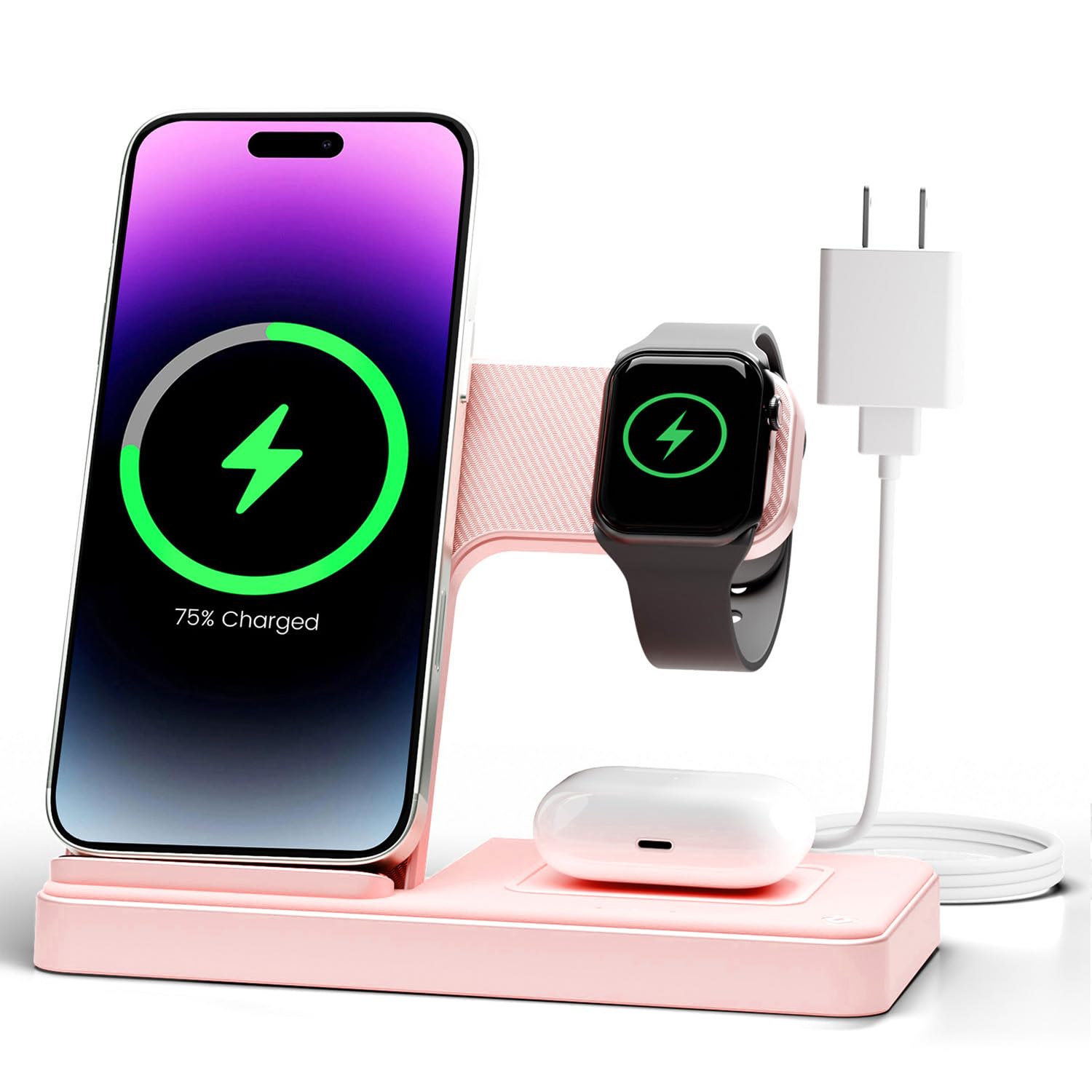 Wireless charger stand by Old World Hub for iPhone, Apple Watch, and AirPods, featuring multiple device charging stations.