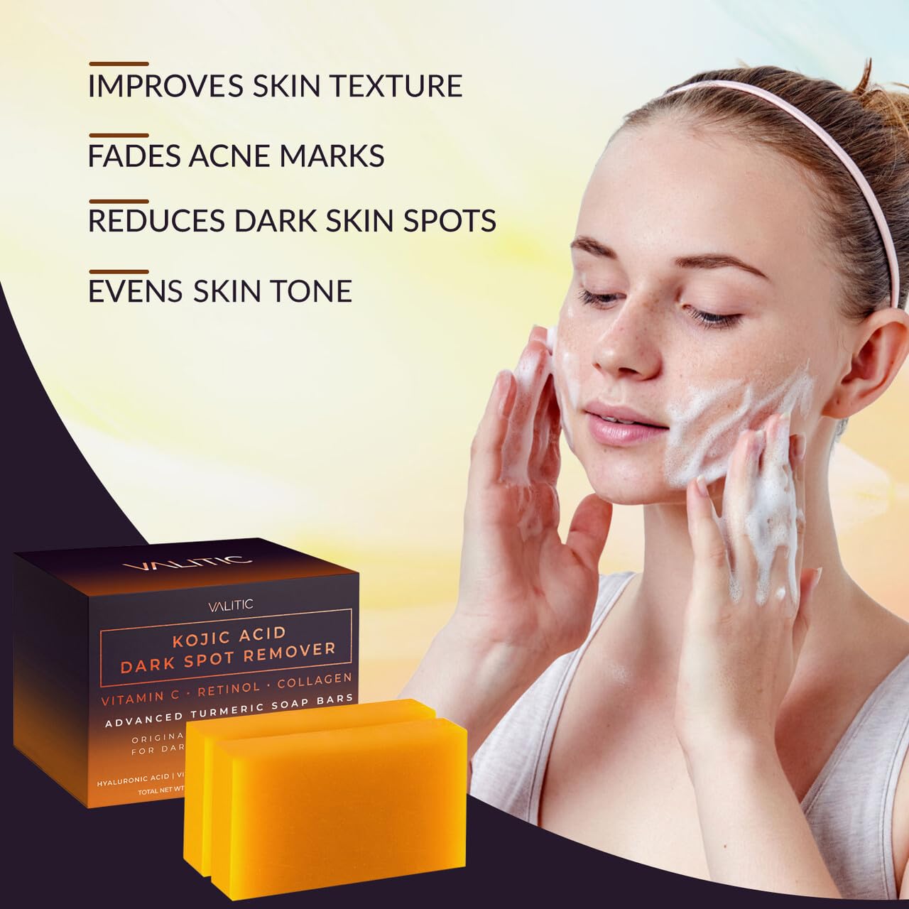 Old World Hub VALITIC Kojic Acid dark spot remover soap bars with vitamin C, retinol, collagen, turmeric, and hyaluronic acid.