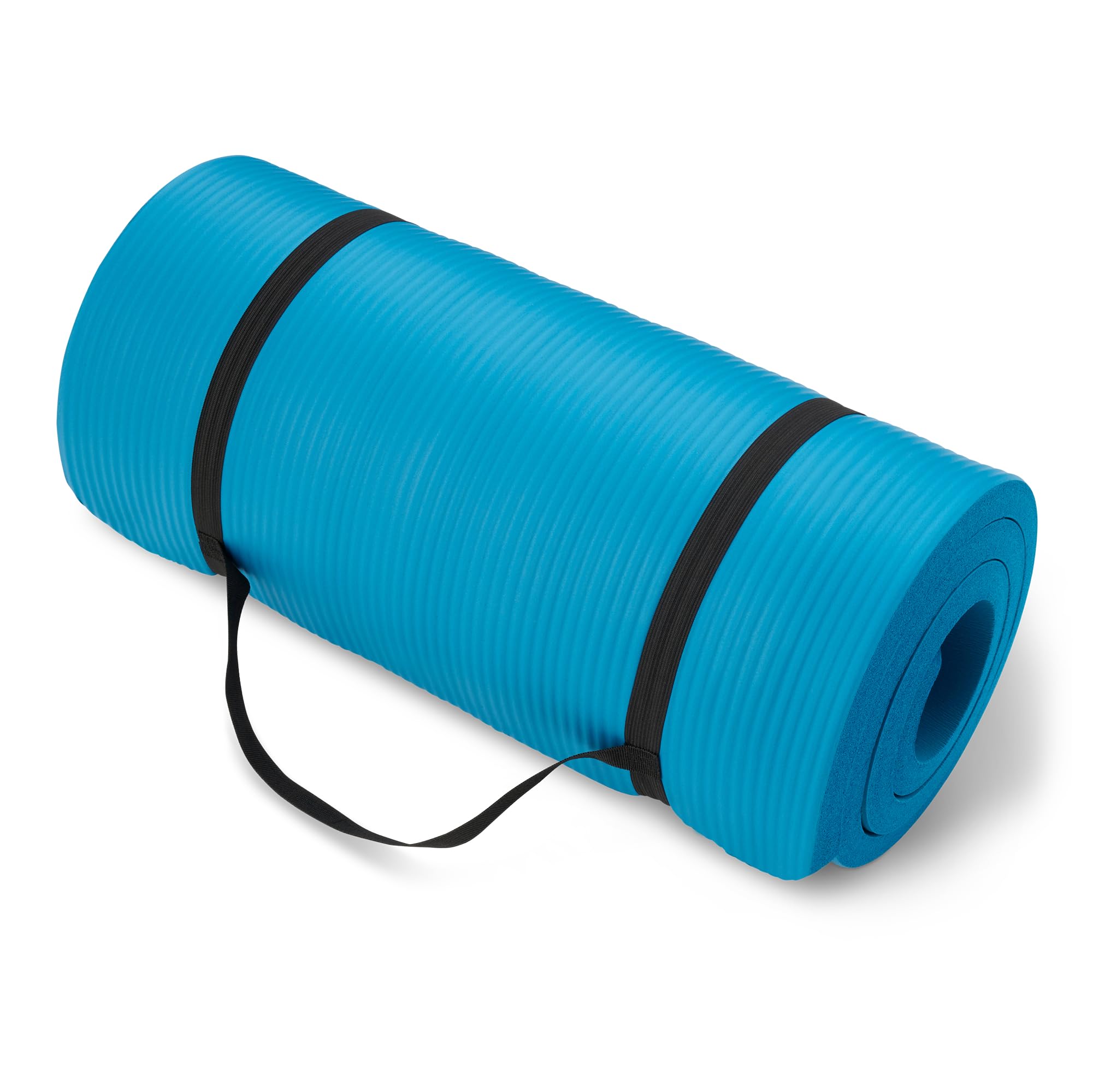 Old World Hub Amazon Basics extra thick yoga mat with carrying strap, showing textured surface and comfortable cushioning for exercise.
