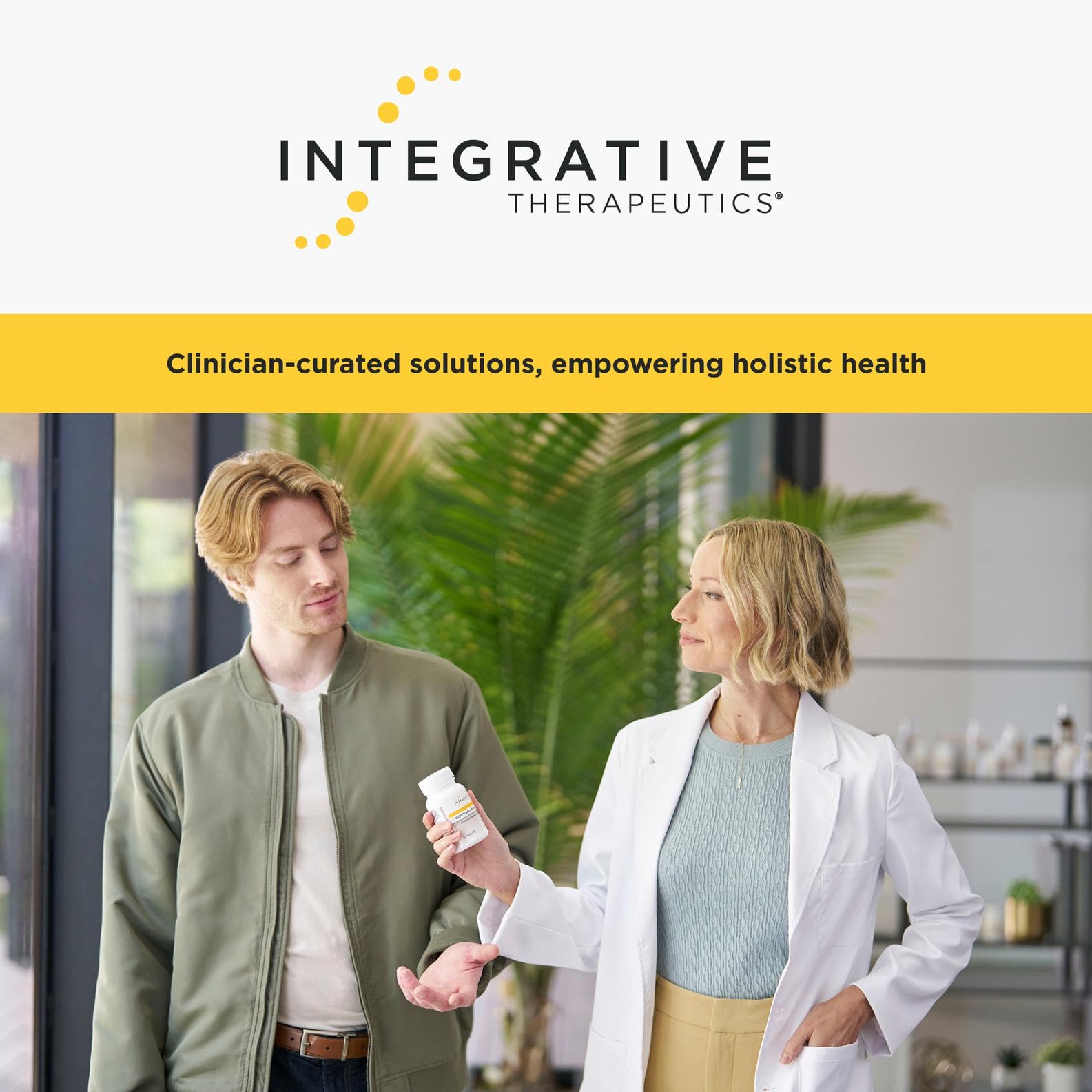 Old World Hub Integrative Therapeutics Cortisol Manager bottle with 30 tablets, containing Ashwagandha and L-Theanine for stress support.