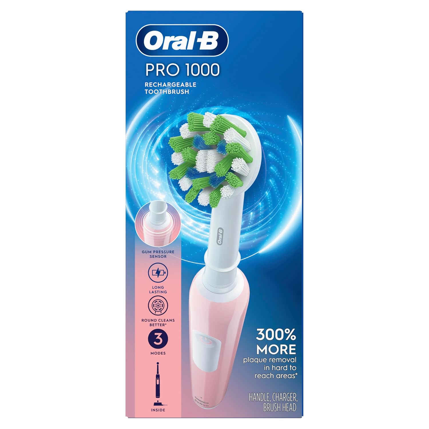 Pink Oral-B Pro 1000 rechargeable electric toothbrush with brushing head and handle, designed for effective dental cleaning.