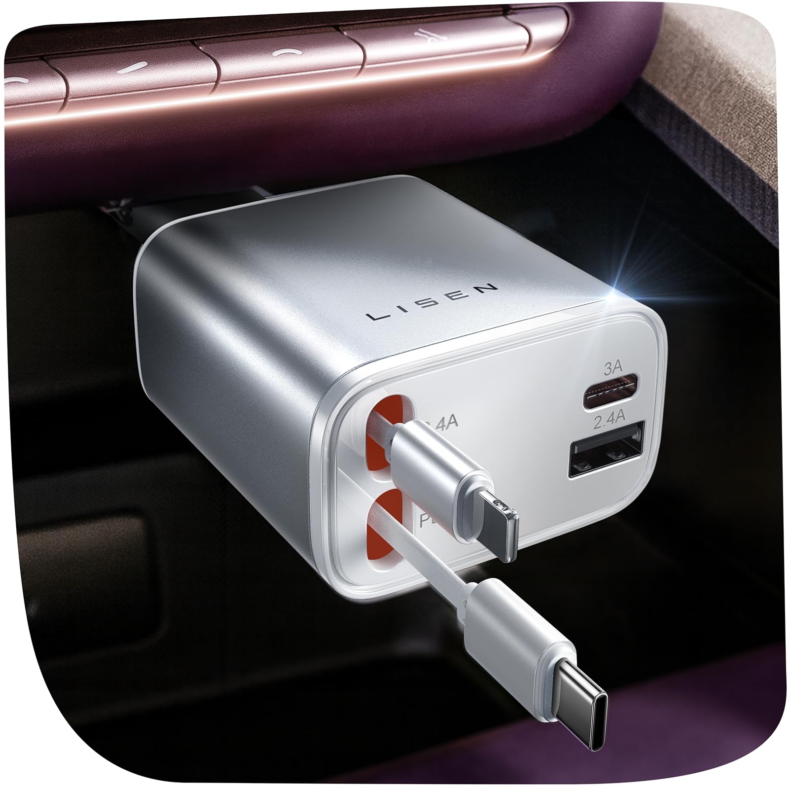 Old World Hub LISEN retractable car charger with USB-C, fast charging, suitable for iPhone and Samsung devices, travel car accessory