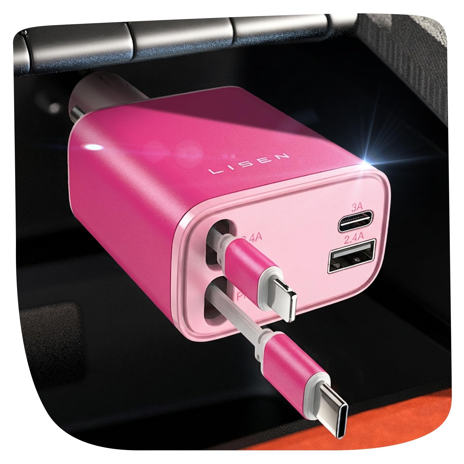 Old World Hub LISEN retractable car charger adapter with USB-C for iPhone and Samsung devices, ideal for travel and car accessories.