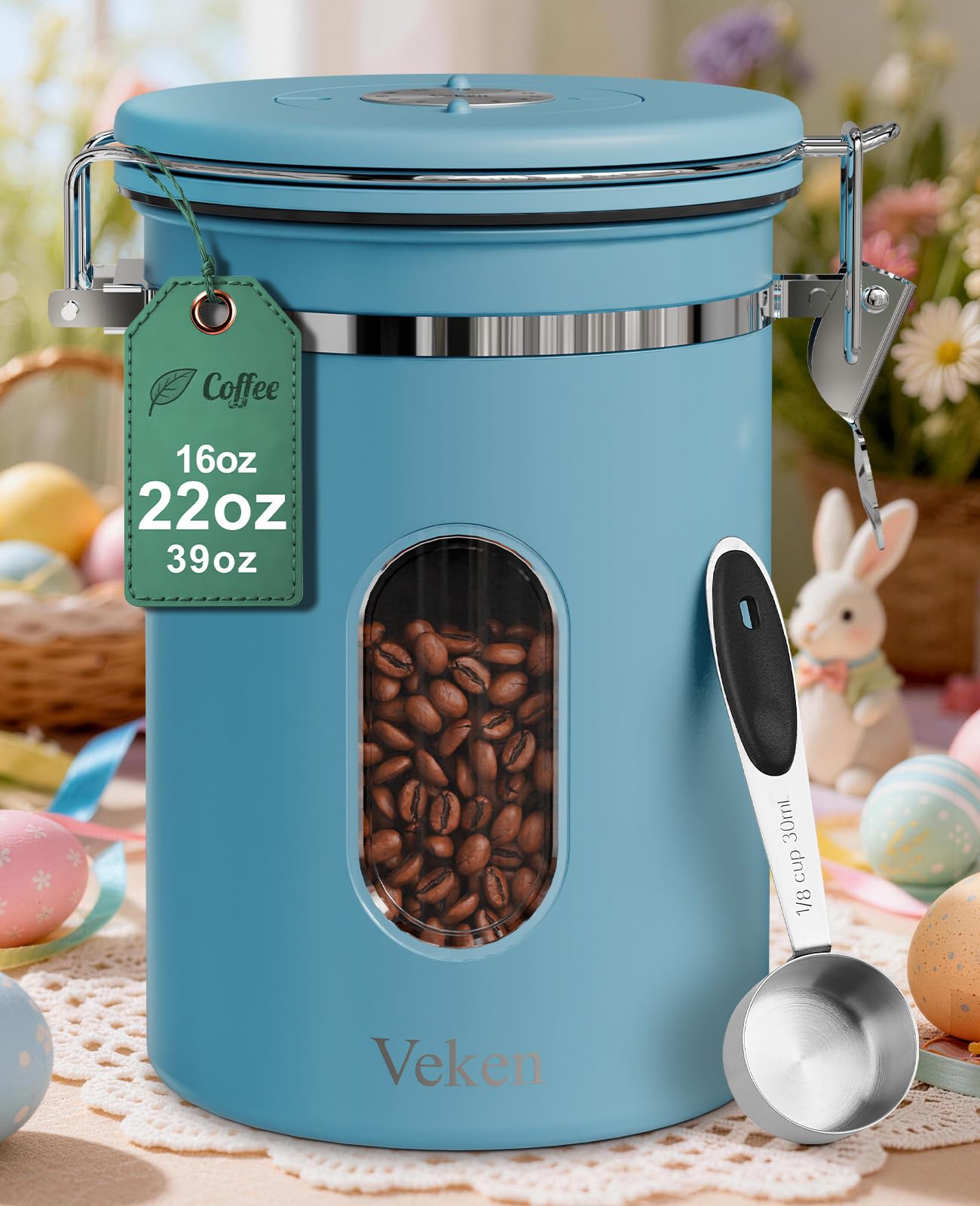 Old World Hub Veken 22oz black stainless steel coffee canister with clear window, airtight lid, ideal for ground coffee, beans, and pantry storage.