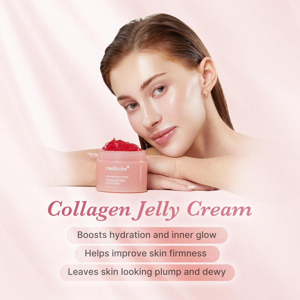 Old World Hub Medicube Jelly Cream with Collagen and Niacinamide, showing the hydrating gel texture in a jar.