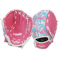 Rawlings Remix T-Ball and youth baseball/softball glove in sizes 9 to 10.5 inches, showing the tan leather glove with pink accents.