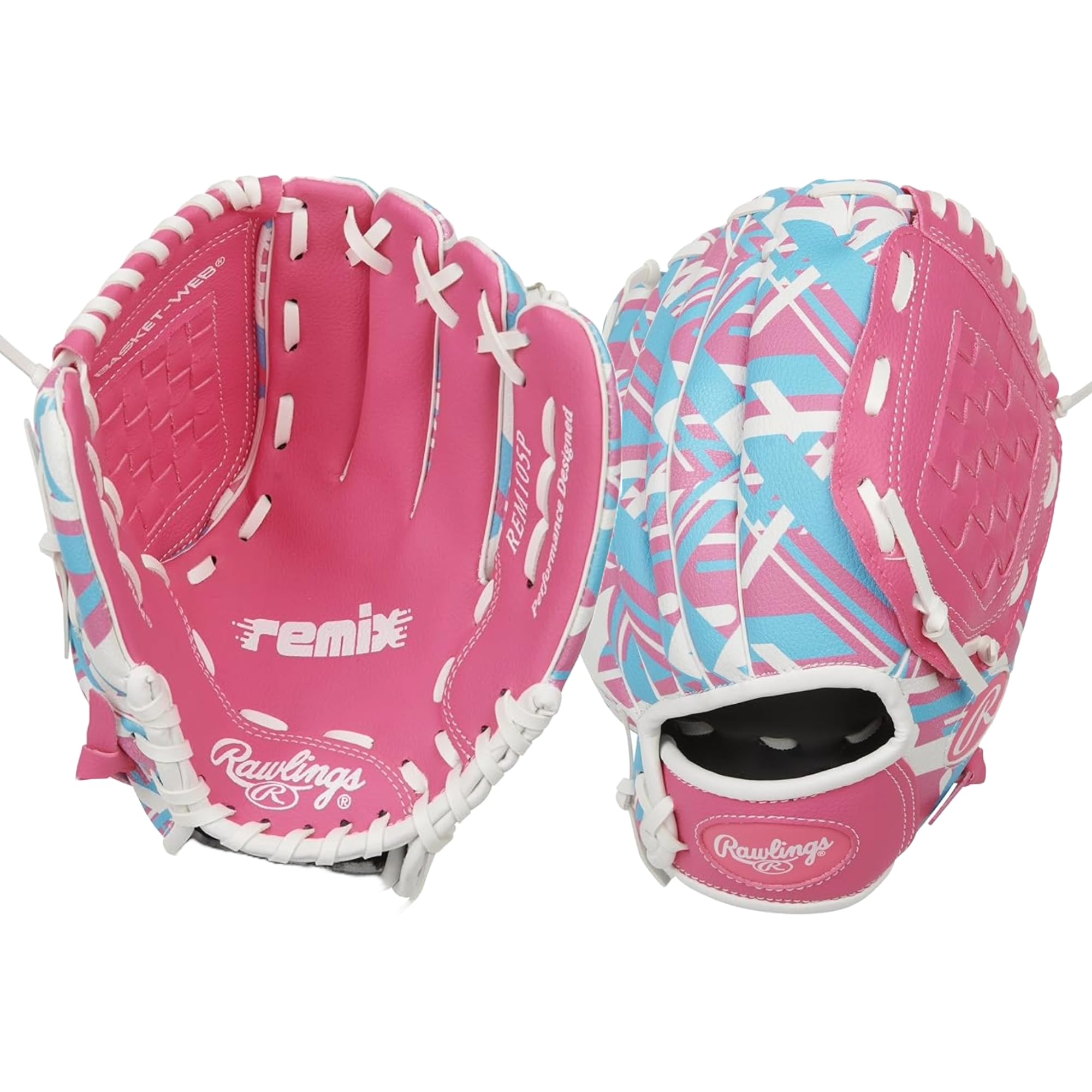 Rawlings Remix T-Ball and youth baseball/softball glove in sizes 9 to 10.5 inches, showing the tan leather glove with pink accents.
