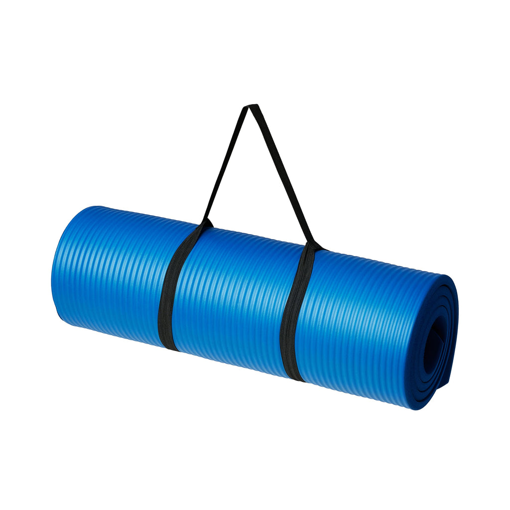 Old World Hub Amazon Basics extra thick exercise yoga mat with carrying strap, showing textured surface and padding for comfort