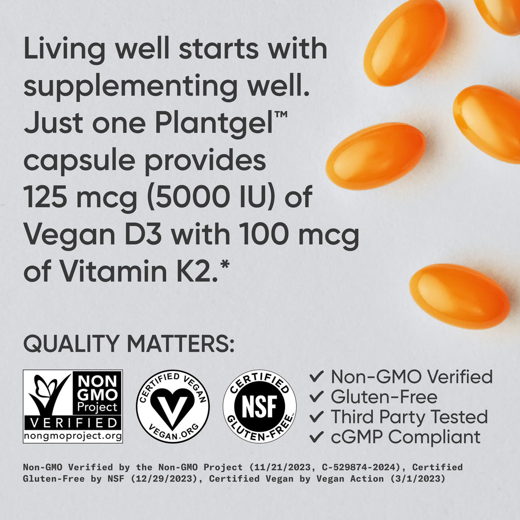 Vegan Sports Research Vitamin D3 5000iu and K2 100mcg softgels with coconut oil for bone and immune support