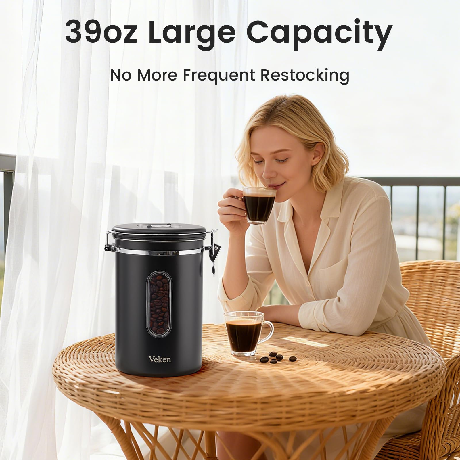 Black Veken coffee canister with window, airtight stainless steel container for coffee, beans, sugar, cereal, and kitchen storage.
