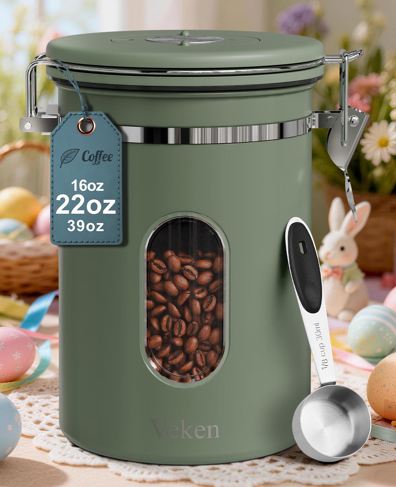 Black Veken coffee canister with window, airtight stainless steel container for ground coffee, beans, rice, tea, sugar, cereal, kitchen storage