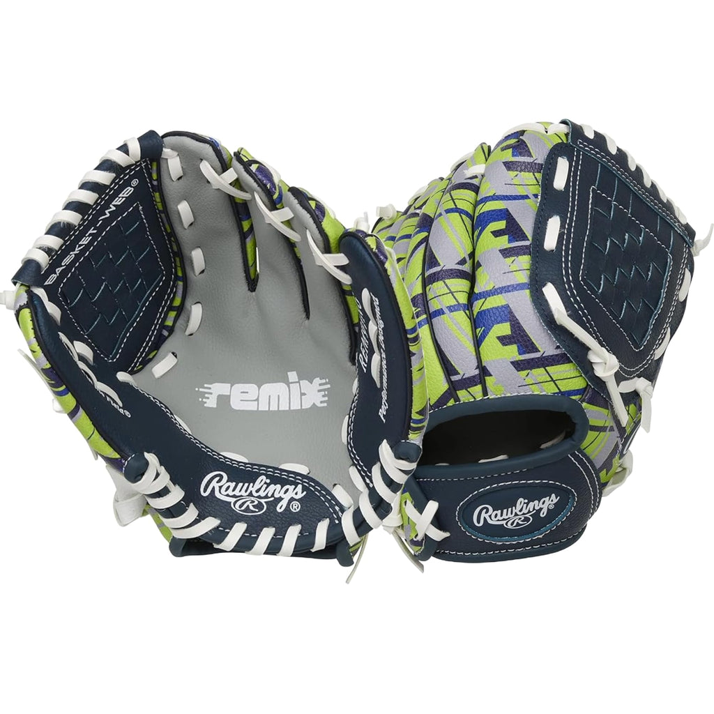 Rawlings Remix T-Ball and youth baseball glove in 9 to 10.5-inch size, featuring durable leather and adjustable wrist strap.