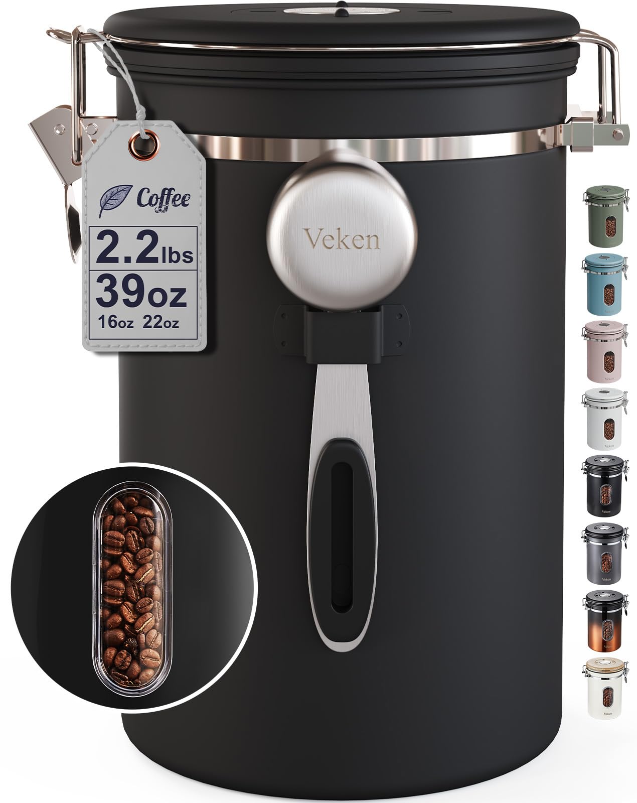 Black Veken stainless steel coffee canister with window, airtight lid, used for storing ground coffee, beans, tea, or cereal.