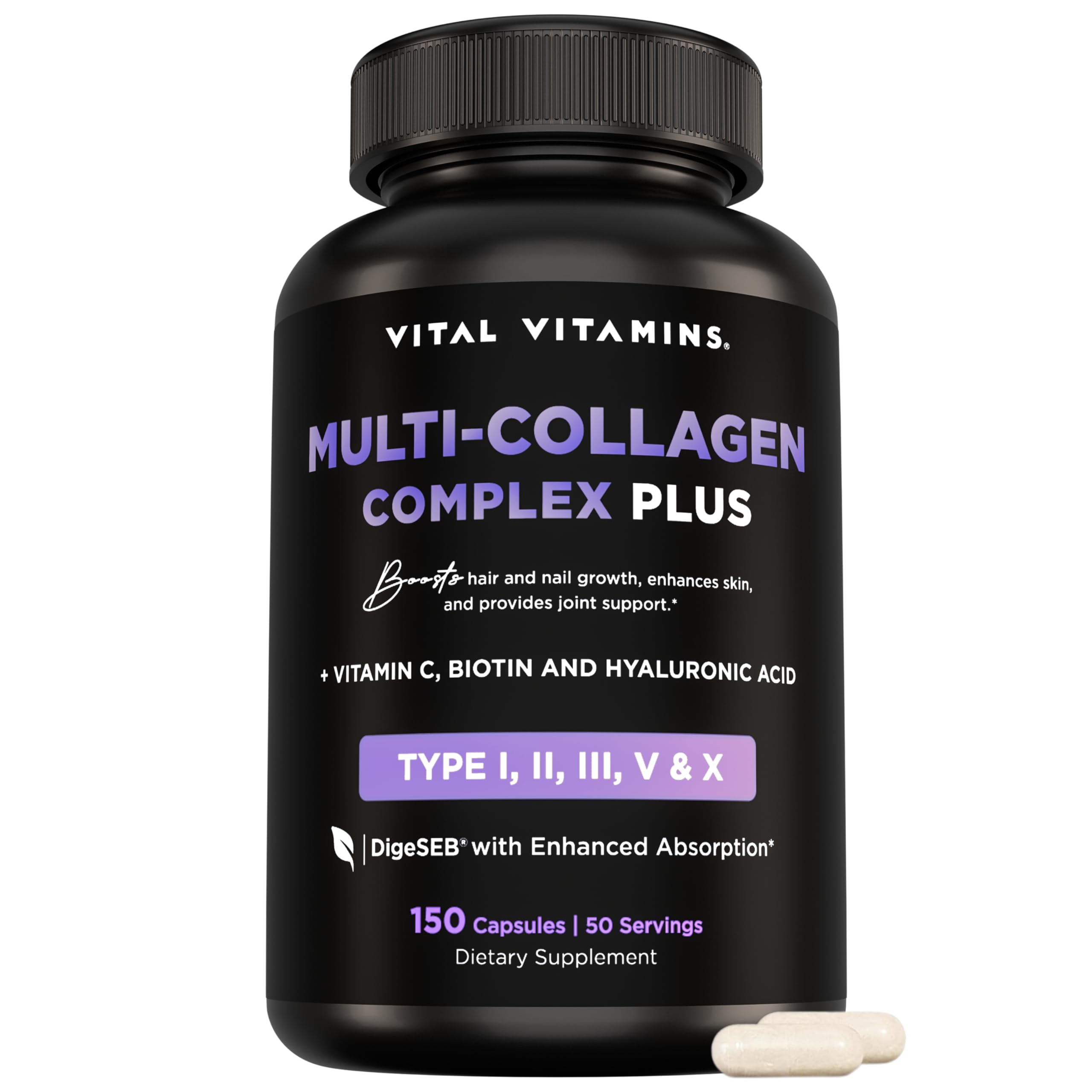Vital Vitamins Multi Collagen Capsules by Old World Hub, grass-fed collagen peptides supplement for men and women, 150 capsules.