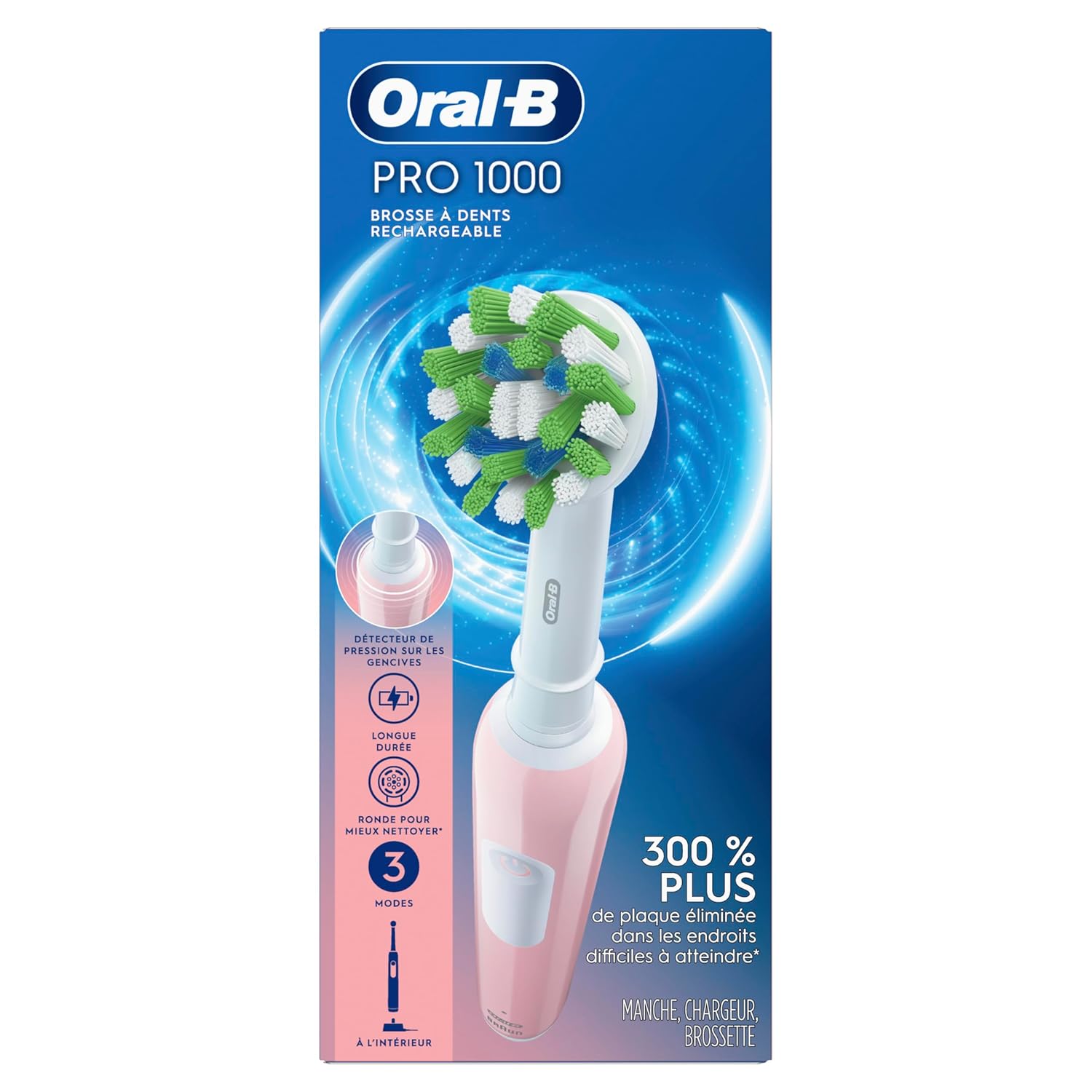 Pink Oral-B Pro 1000 rechargeable electric toothbrush with ergonomic handle and cleaning brush head.