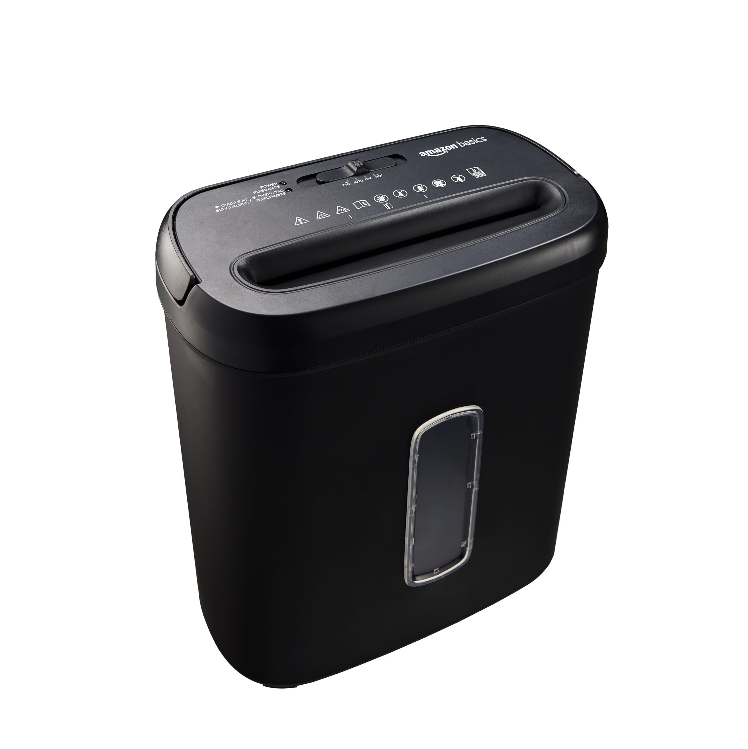 Old World Hub Amazon Basics 8-sheet high security cross-cut paper shredder with auto shut-off in black, P-4 security level.