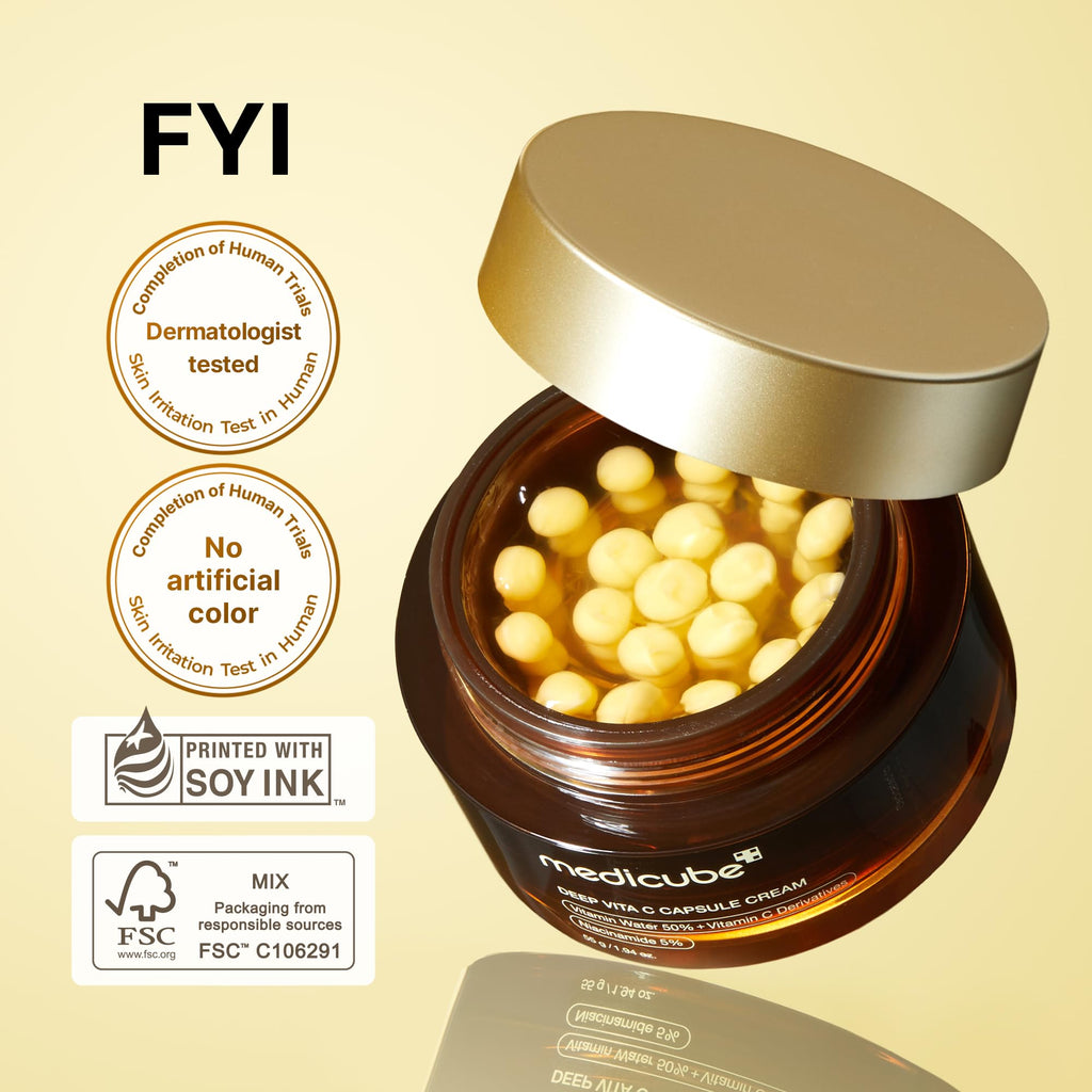 Medikube Capsule Cream with Deep Vitamin C from Old World Hub, golden liposome capsules for radiant, firm, and hydrated skin.