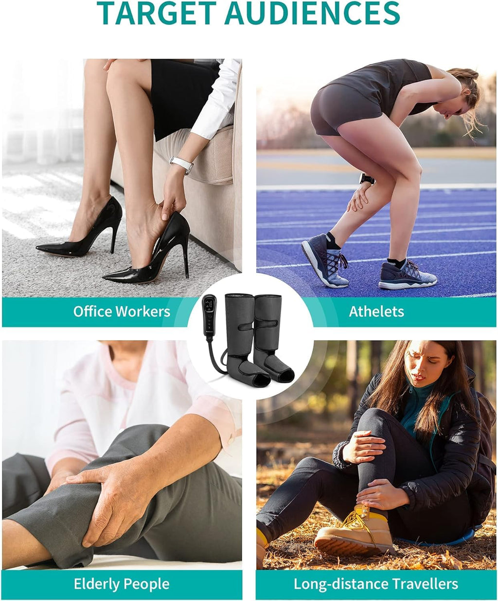 Old World Hub Nekteck leg compression massager with foot and calf wraps, hand-held control, showing adjustable settings and design features.