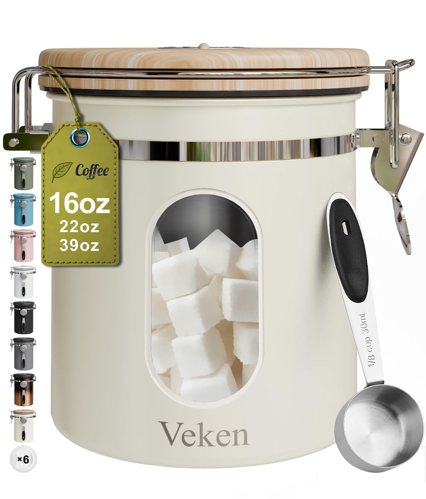 Black Veken coffee canister with window, airtight stainless steel pantry container for coffee, sugar, tea, rice, and cereal storage.
