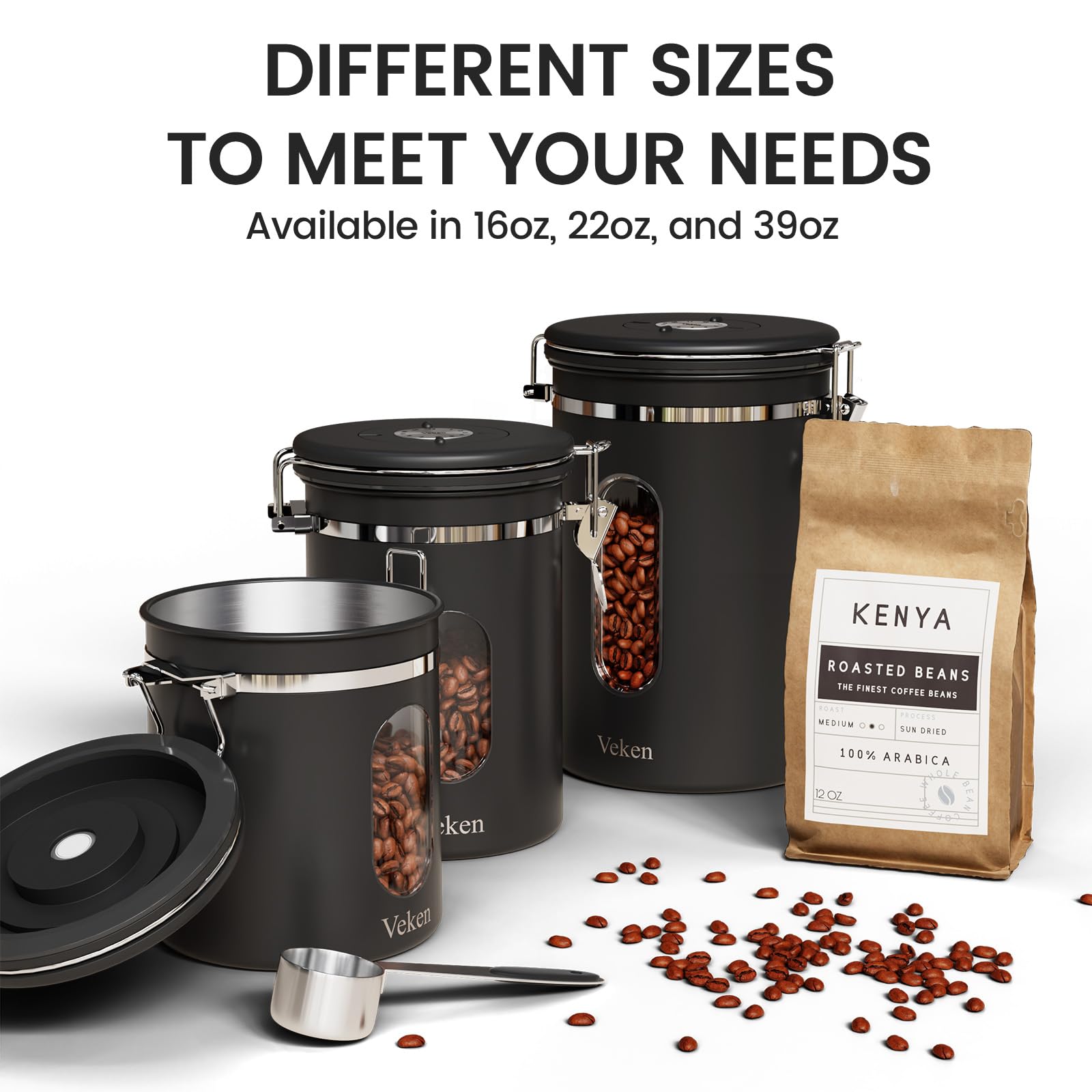 Old World Hub Veken coffee canister with window, black stainless steel, airtight, 22oz food storage container for coffee, beans, and pantry.