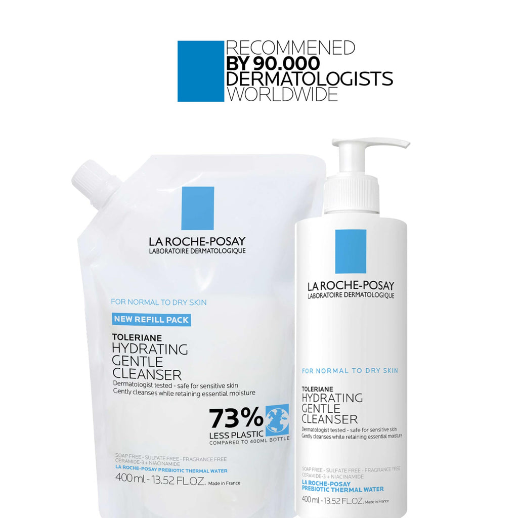 La Roche-Posay Toleriane Hydrating Gentle Face Cleanser for dry and sensitive skin, with niacinamide and ceramides, fragrance free.
