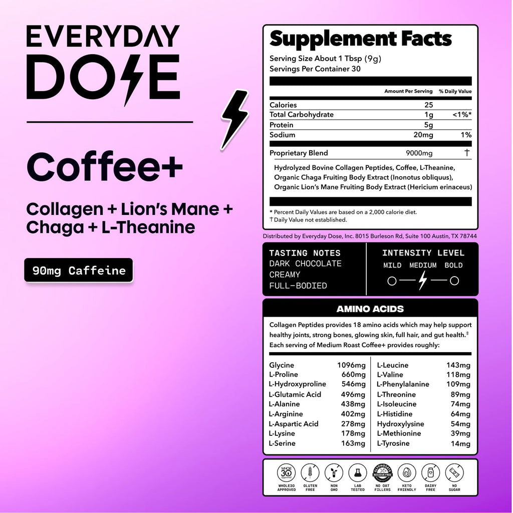 Old World Hub Everyday Dose adaptogenic mushroom coffee with grass-fed collagen, Chaga, Lions Mane, and L-Theanine for focus and energy