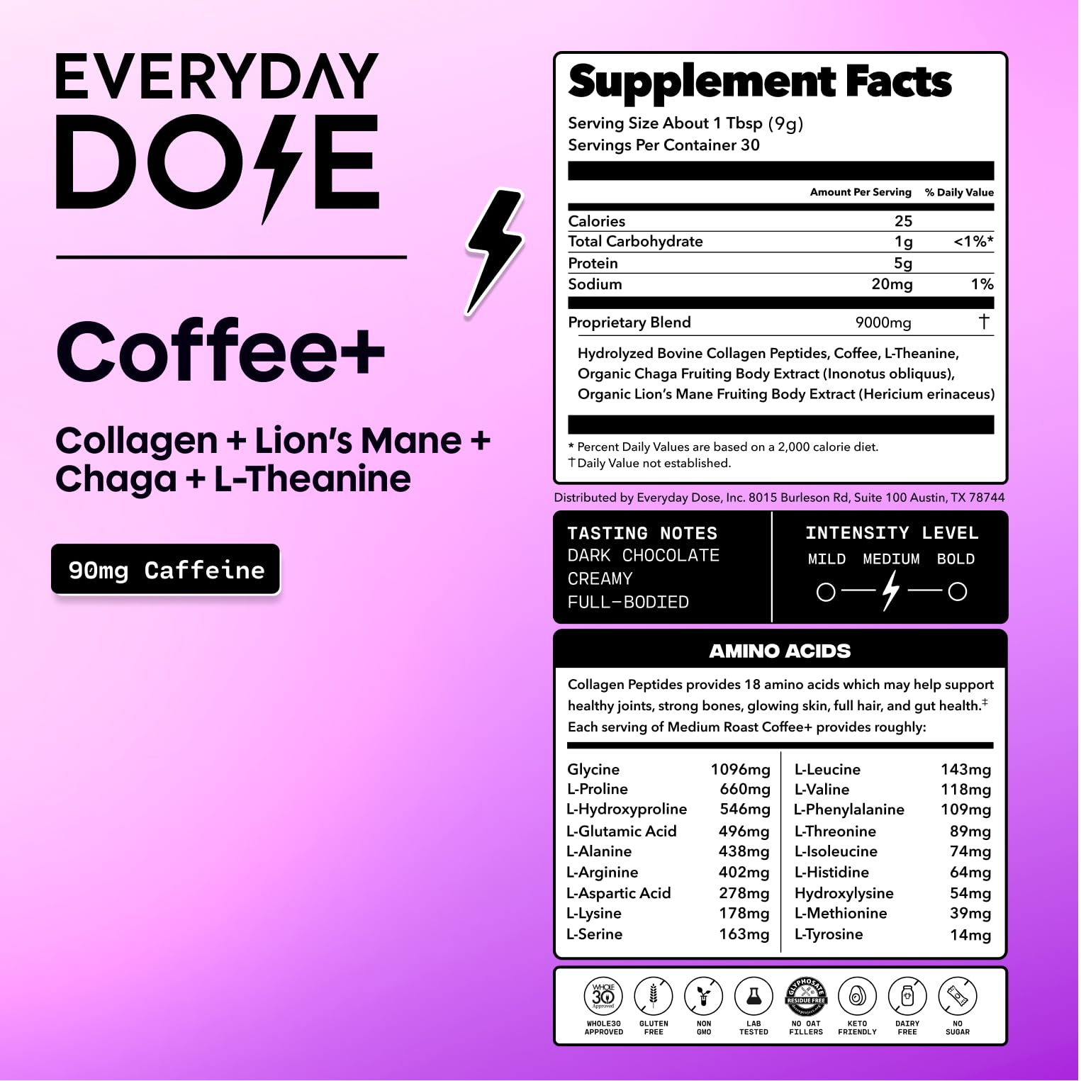 Old World Hub Everyday Dose adaptogenic mushroom coffee with grass-fed collagen, Chaga, Lions Mane, and L-Theanine for focus and energy
