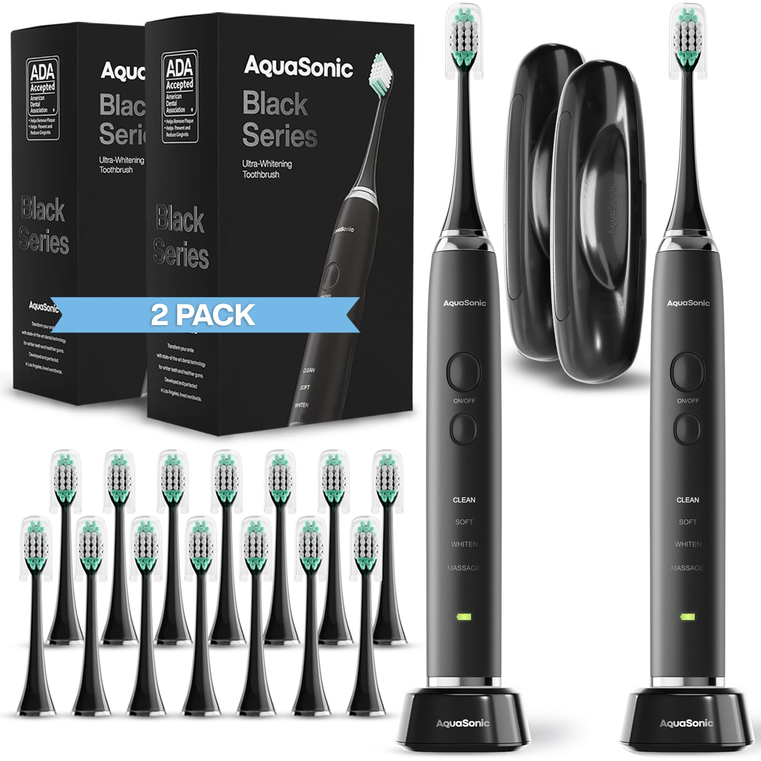 Old World Hub Aquasonic Black Series Ultra Whitening Electric Toothbrush with 8 brush heads, travel case, and smart timer.