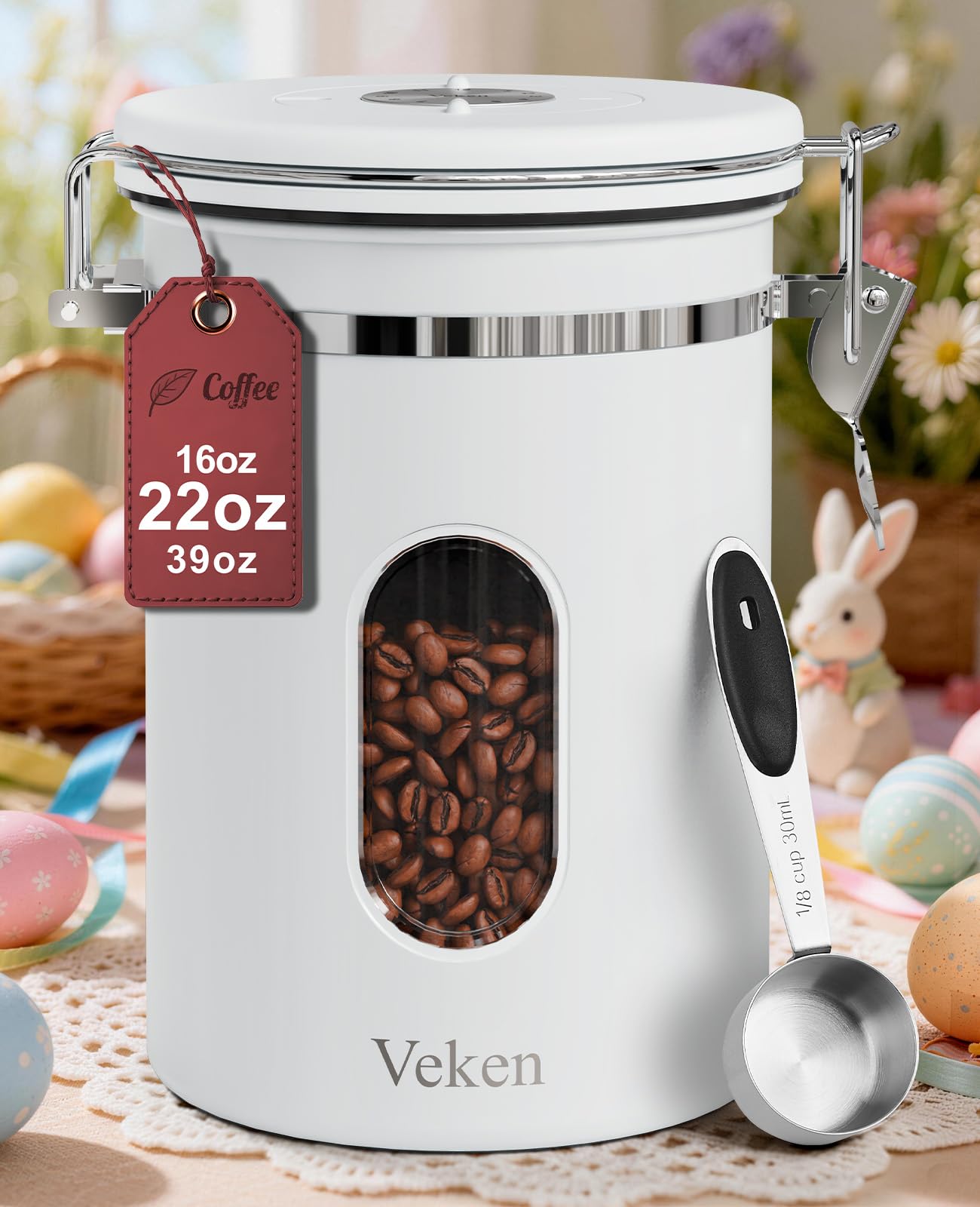 Old World Hub Veken black stainless steel coffee canister with window, airtight seal, for storing ground coffee, beans, tea, and pantry items.