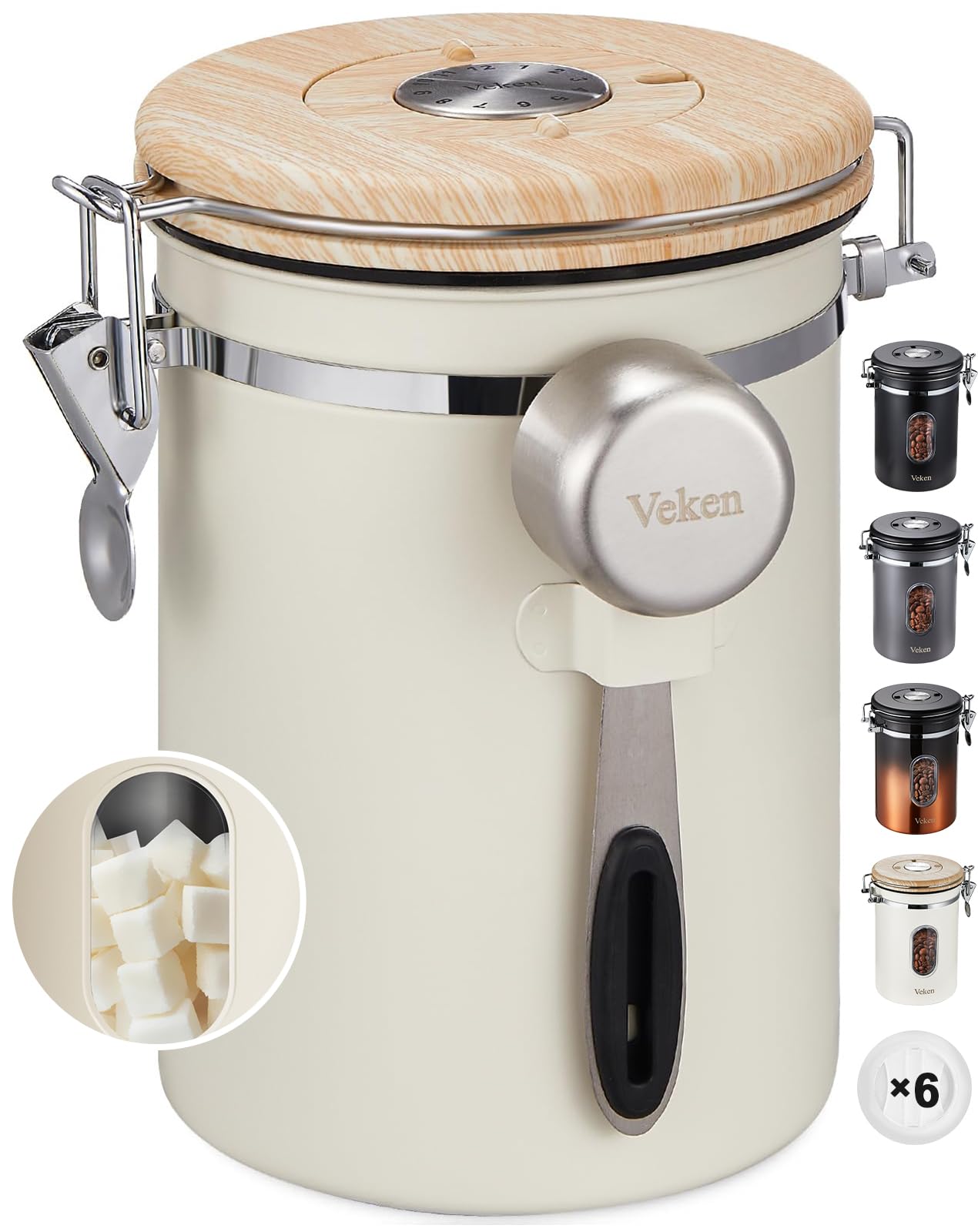 Old World Hub Veken black stainless steel coffee canister with window, airtight food storage container for coffee, sugar, and cereal.