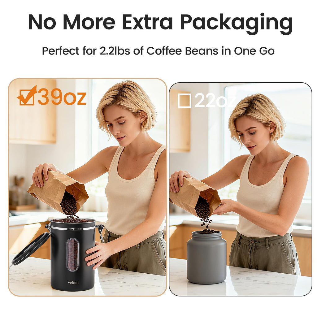 Old World Hub Veken black stainless steel coffee canister with window, airtight lid, for coffee beans, ground, tea, sugar, and cereal storage