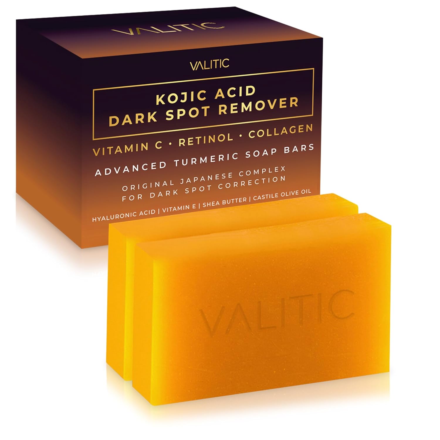 Old World Hub VALITIC Kojic Acid dark spot remover soap bars with Vitamin C, Retinol, Collagen, turmeric, and hyaluronic acid.