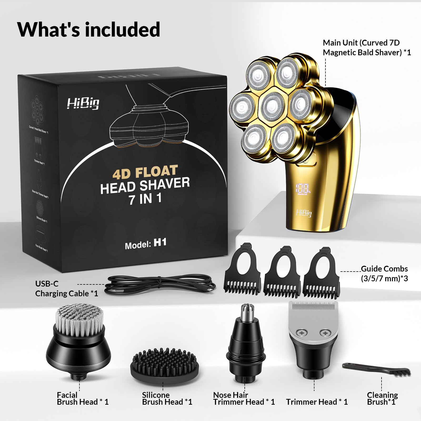 Old World Hub 7D Arc Electric Shaver for Head and Body with waterproof design, LED display, and detachable heads for men’s grooming.
