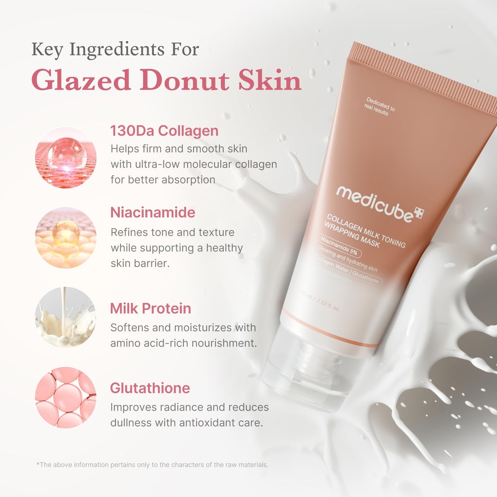 Medicube Wrapping Mask Collagen overnight peel-off facial mask showing a jar of hydrolyzed collagen mask for hydration and skin elasticity.