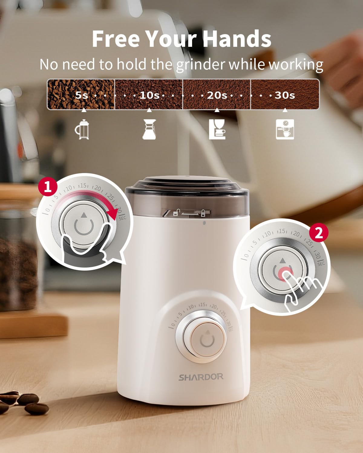 Old World Hub SHARDOR electric coffee grinder with silent blade, timed control, adjustable grind for coffee beans, spices, and herbs in black