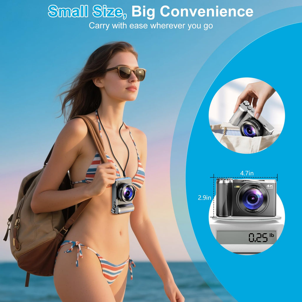 4K Digital Camera for Photography & Travel, 56MP Autofocus Vlogging Camera with 3" 180° Flip Screen, 16X Zoom, Compact Point and Shoot Camera for Beginners and Teens, 32GB Card Included